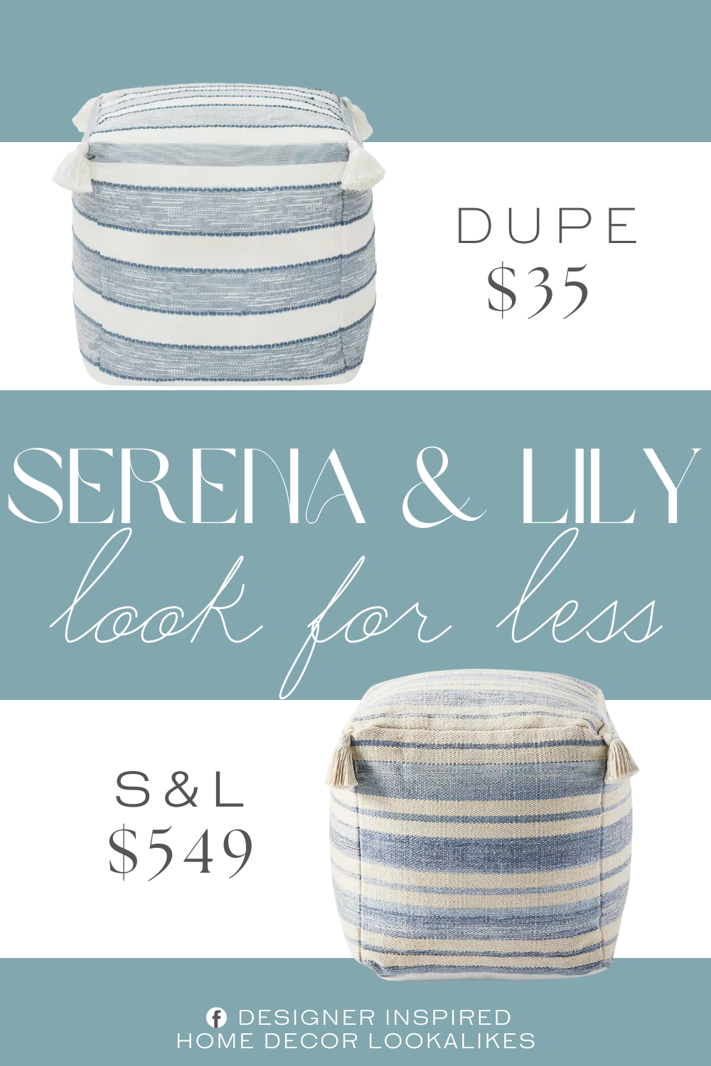 Serena & Lily Parkside Pouf Dupe. The blue and white color scheme coordinates with an array of decor themes and the unique woven texture adds a soft feel for plush comfort. A square shape creates a modern silhouette, fitting neatly in front of an armchair or sofa. with sturdy polyester construction, this woven outdoor pouf stands up to frequent use for enduring good looks.