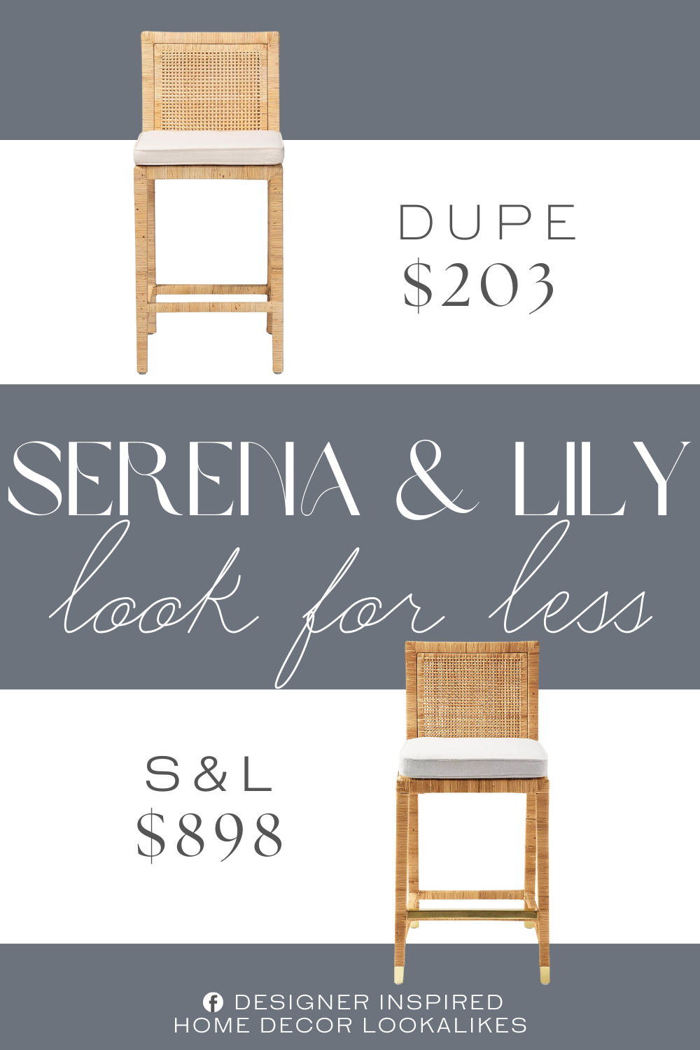 Serena & Lily Balboa Rattan Counter Stool Dupe. Handwoven rattan counter chair with mahogany wood frame Removable cushion included. Natural finish. Woven rattan detailing. Footrest