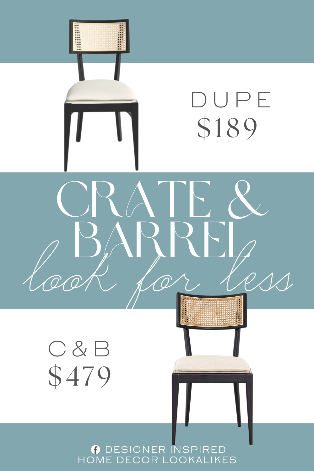 Crate & Barrel Libby Black and Natural Cane Dining Chair Dupe. Wood finish and cane detail add a modern coastal twist to its classic design, while a soft beige cushion ensures hours of comfortable dining.
