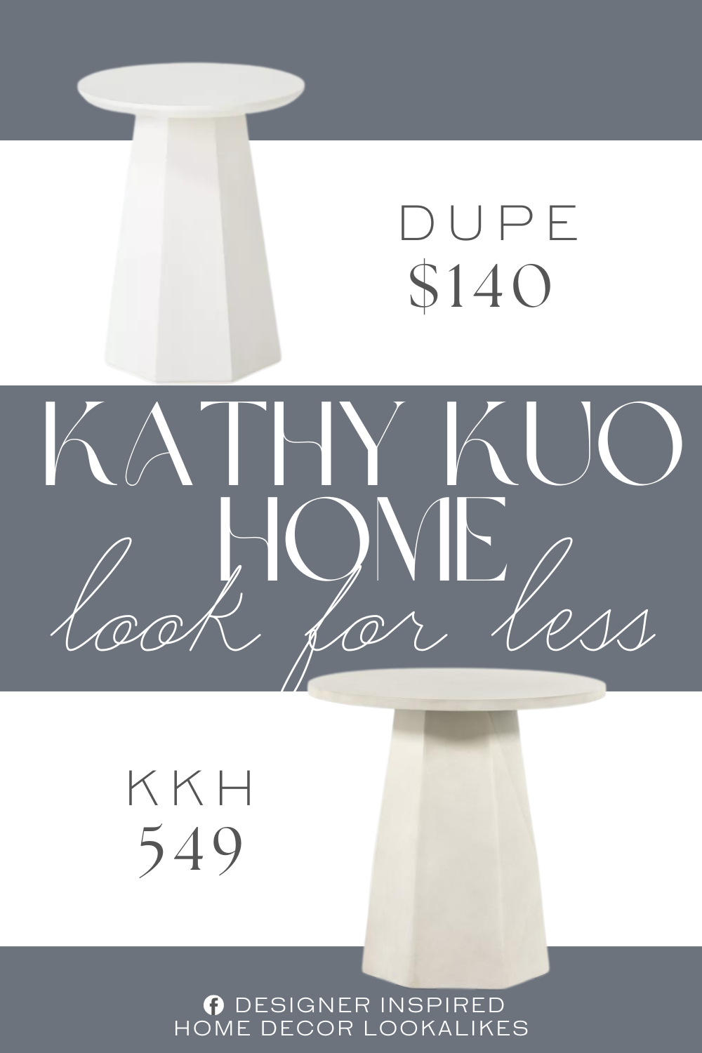 Kathy Kuo Home Barley Round Pedestal Outdoor Side Table Dupe. This accent table features a round tabletop and a faceted base for a unique, modern look. Made with a pine wood frame in an off-white finish, it coordinates easily with any decor style.
