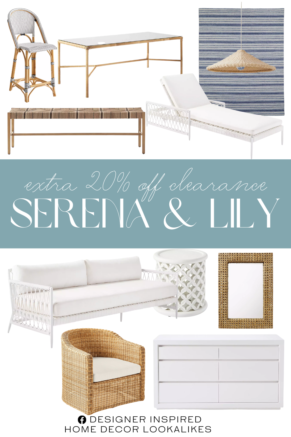 Serena & Lily Summer Tent Sale. Salt Creek Chaise. Tofino Swivel Chair Cushion. Pacifica Dining Table. Cayman Mirror. Salt Creek Sofa. Brynwood Rug. Bamileke Resin Side Table. Atelier Dresser. Cannes Pendant. Riviera Rattan Counter Stool. Carson Backless Bench.