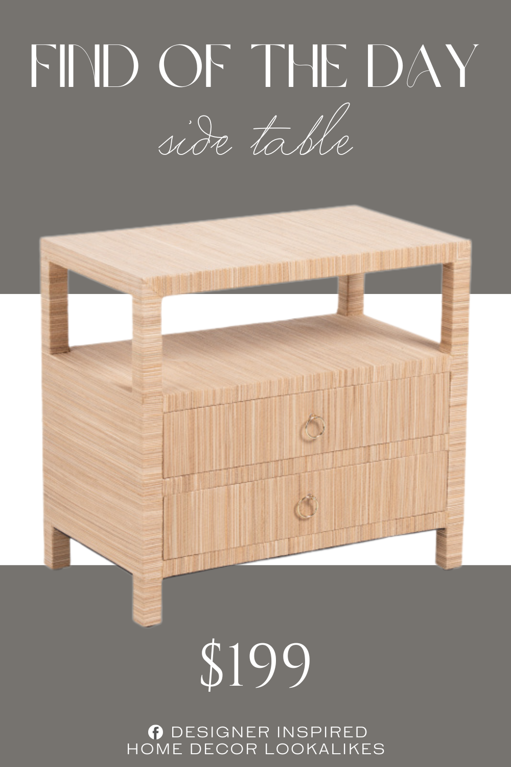 Find of the Day 2 Drawer Woven Raffia Side Table. woven design, 2 drawers, ring details. raffia.