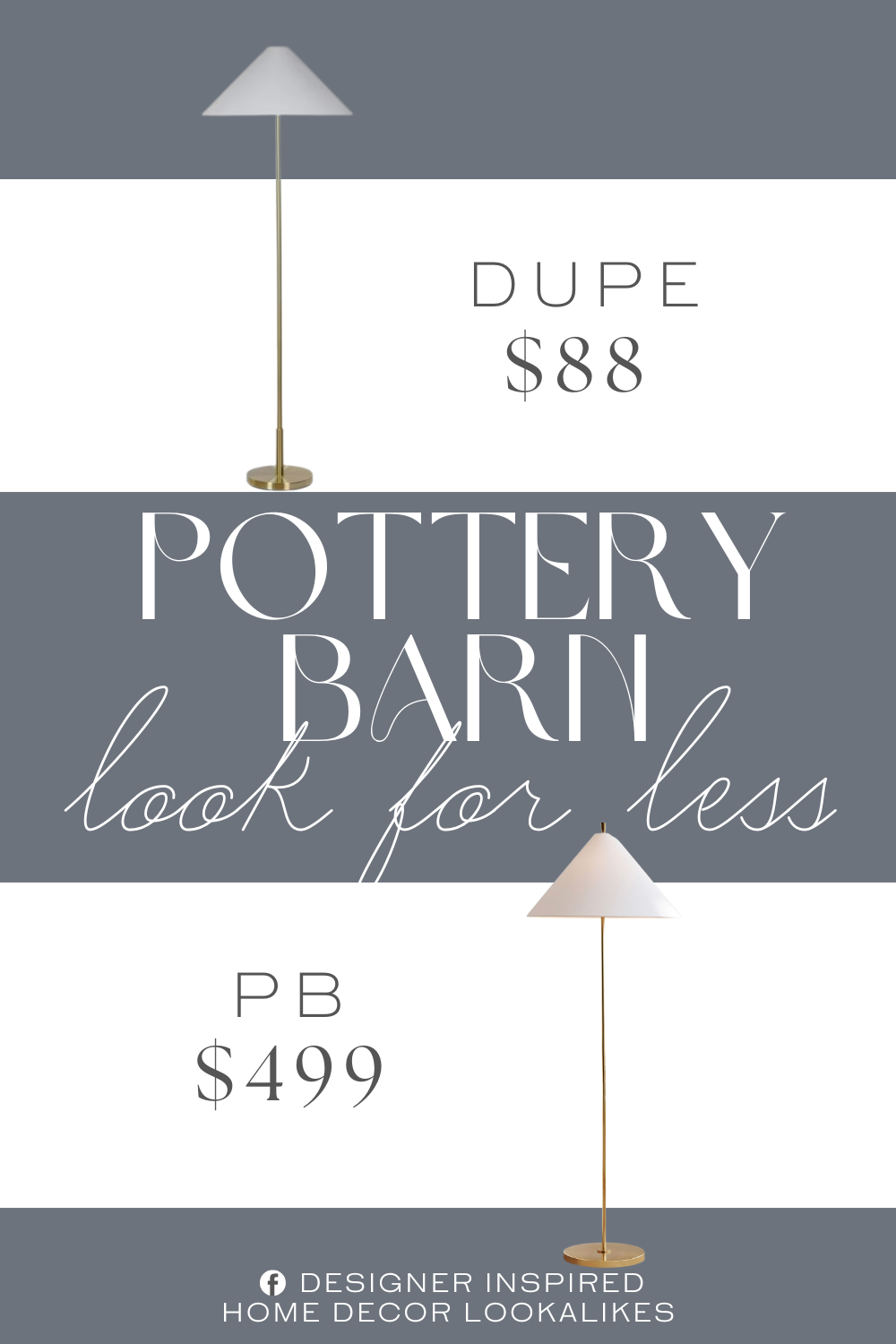 Pottery Barn Ellis Metal Floor Lamp Dupe. Elegant design featuring a white fabric empire shade. Sturdy gold metal pole and base for durability.