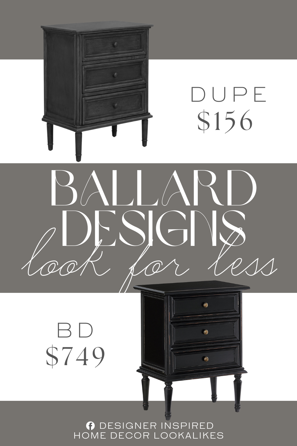 Ballard Designs Casa Florentina Emile 3-Drawer Nightstand Dupe. Three drawers add plenty of storage to your room. Evocative dark gray finish for a rich and distinguished look. Crafted in a traditional style for a long-lasting and elegant effect.