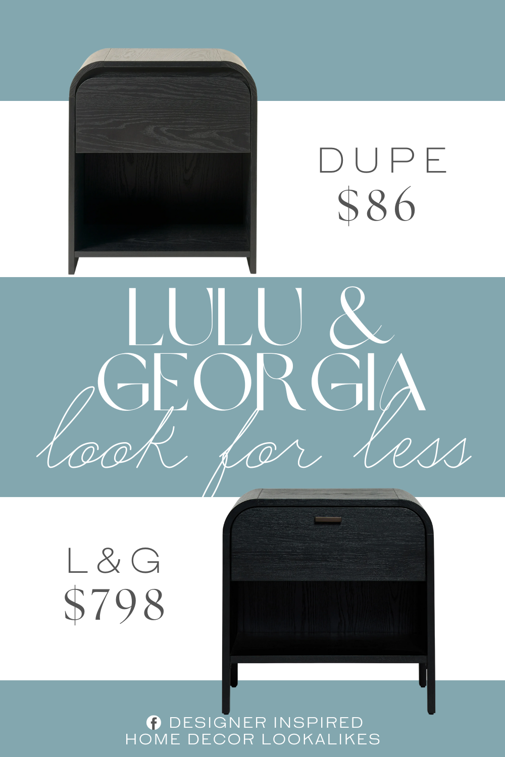 Lulu & Georgia Brooke Nightstand Dupe. Features one drawer with metal glides for smooth opening and closing with an open bottom cubby. Sturdy MDF, engineered wood construction. Black wood grain finish with contemporary rounded edges. Sleek, hidden notched hand pull for the drawer.
