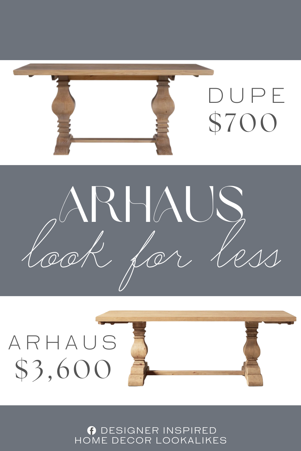 Arhaus Kensington Dining Table Dupe. The rectangular top is made from kiln-dried pine wood, showcasing natural wood grain variations and knots for an authentic, rustic look. The table's base features a matching rustic honey finish, complementing the top's color and adding a touch of elegance to your space.