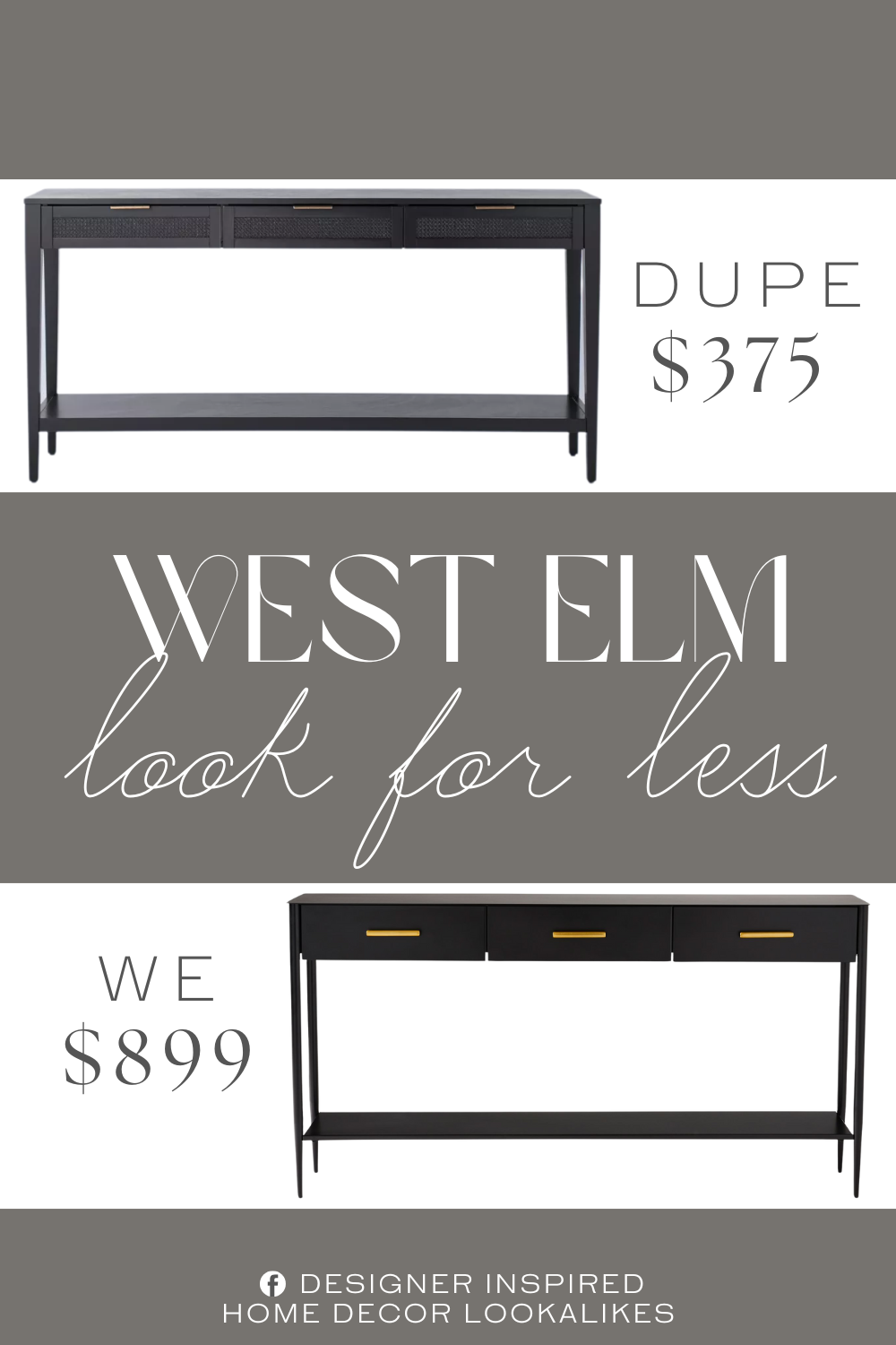 West Elm Metalwork Console Dupe. Rectangle console table with drawers. Features woven material on front of drawers. Built-in open shelf at the bottom.