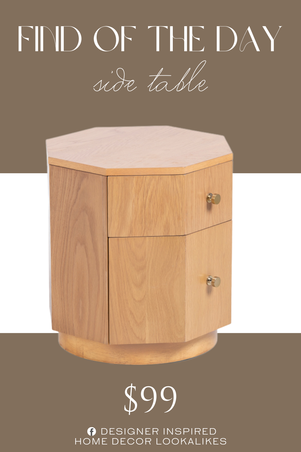 Find of the Day Hexagon 2 Drawer Side Table. 2 drawers, metallic details, hexagon shape