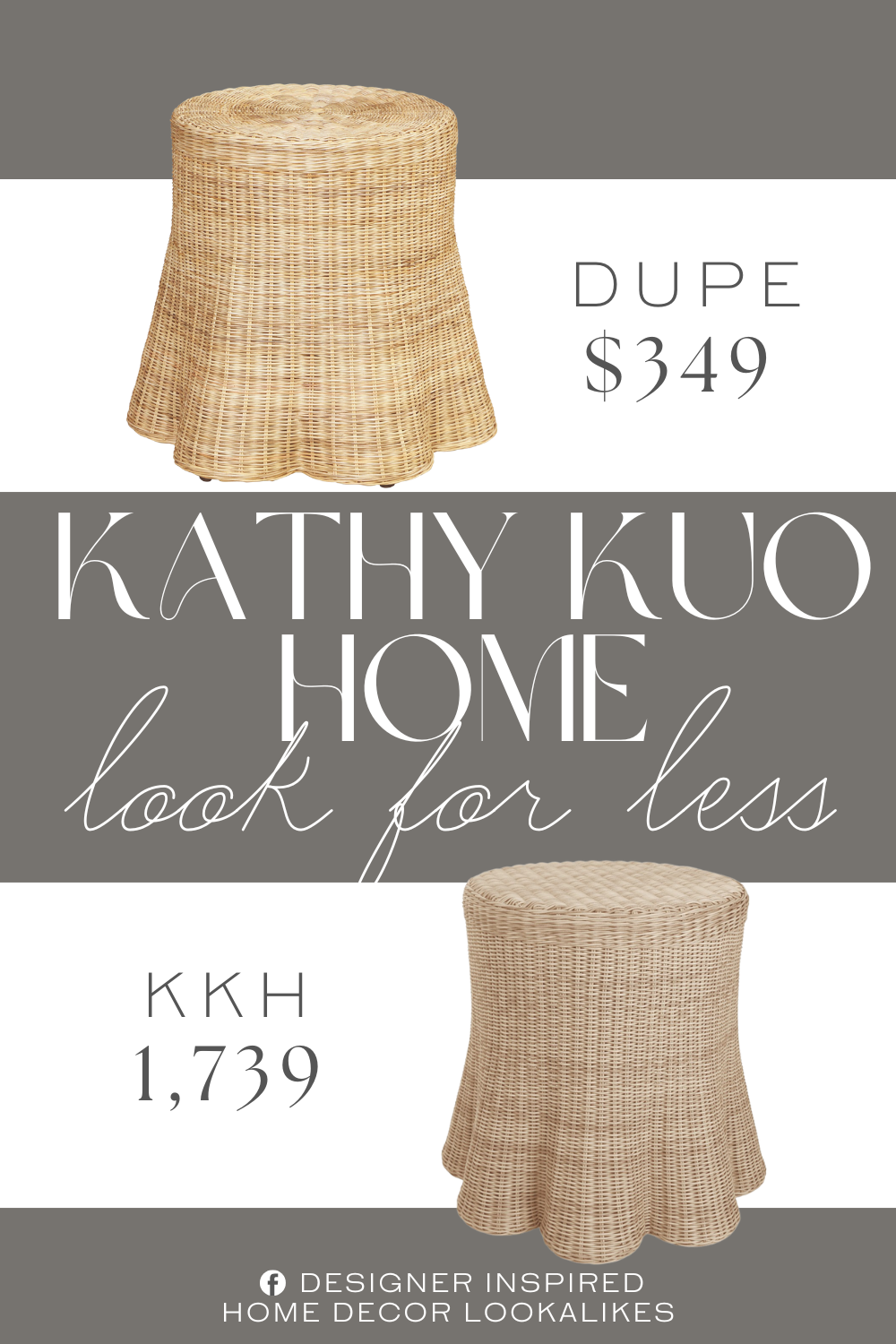 Kathy Kuo Home Bella Round Outdoor Side Table Dupe. This end table features a flowing form with a scalloped base. Handcrafted of natural rattan.