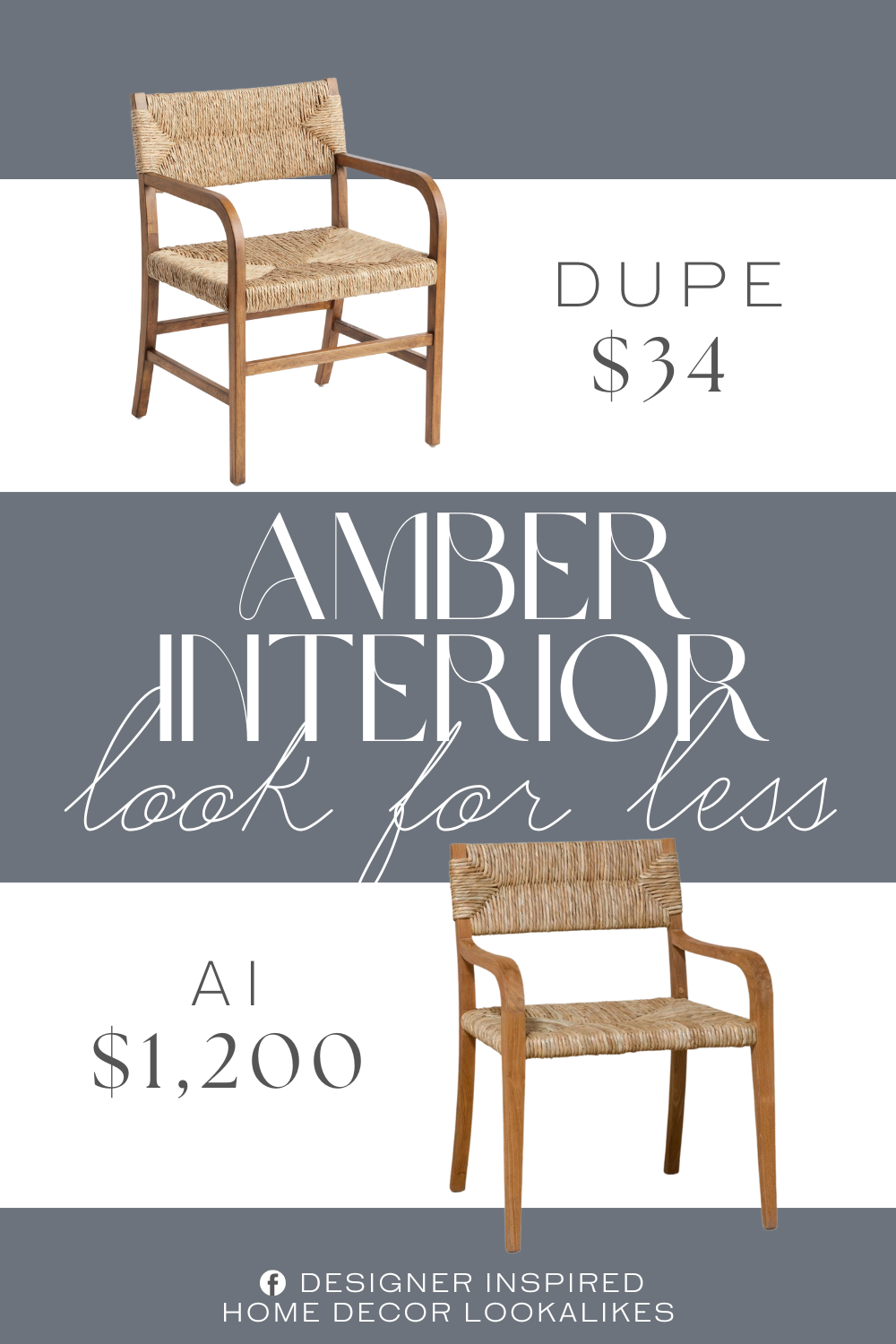 Amber Interiors Eva Teak Chair Dupe. Handcrafted of rubber wood with vintage acorn finish and seagrass with natural finish
