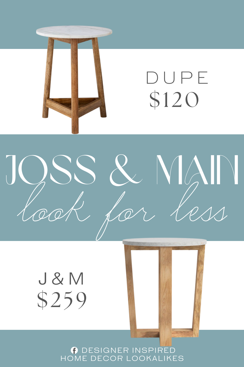 Joss & Main Langer End Table Dupe. It has a tripod wooden base with a shelf supported near the bottom, with an extra spark added with the round marble top.