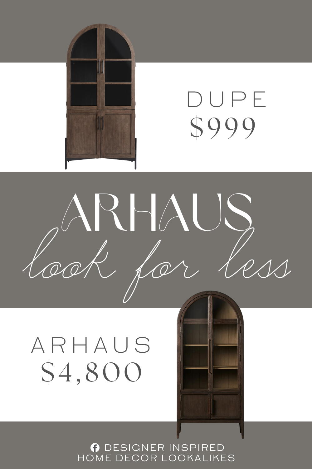 Arhaus Hattie Glass Cabinet Dupe. Made of acacia wood, composite wood, plywood and veneer with vintage walnut and charcoal-black finishes, tempered glass and powder-coated metal.