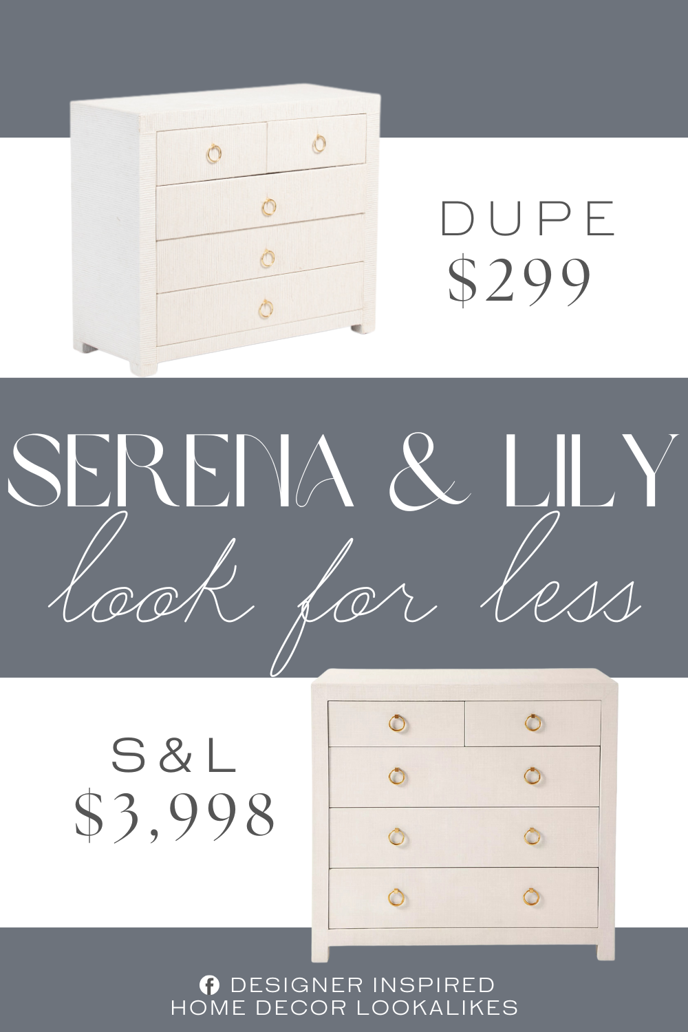 Serena & Lily Driftway Dresser Dupe. 5 drawers for ample storage, woven exterior, gold tone hardware. raffia.