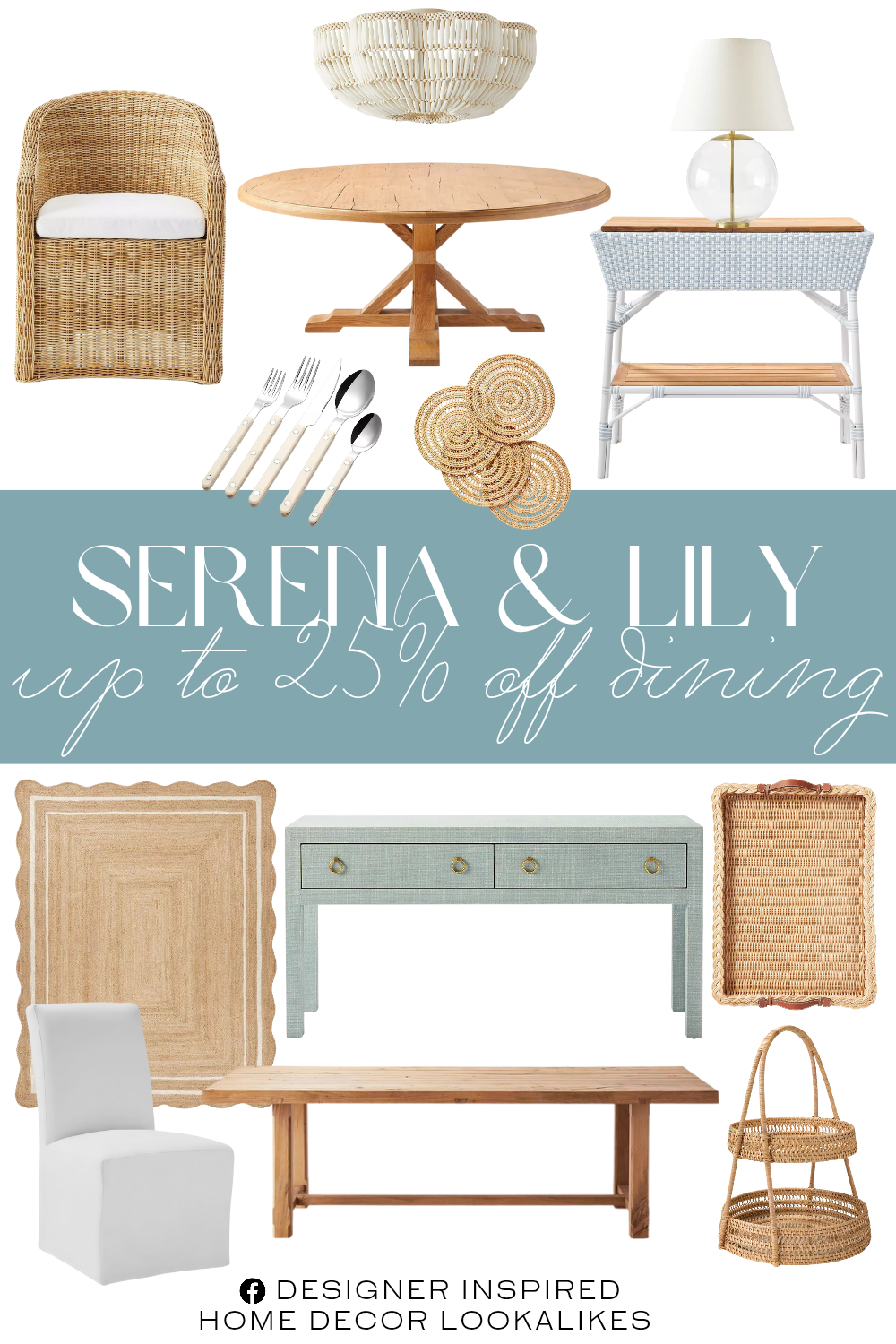 Serena & Lily Dining Event. Sabre Bistrot 5-Piece Flatware Set. Ross Side Chair - Long Slipcovered. Lake House Round Dining Table. Stinson Dining Table. Laurel Tray. Tofino Dining Chair. Outdoor Riviera Bar. Ives Tiered Server. Ives Placemat (Set of 4). Driftway 2-Drawer Console. Scallop Jute Rug. Savannah Flush Mount. Georgia Table Lamp.