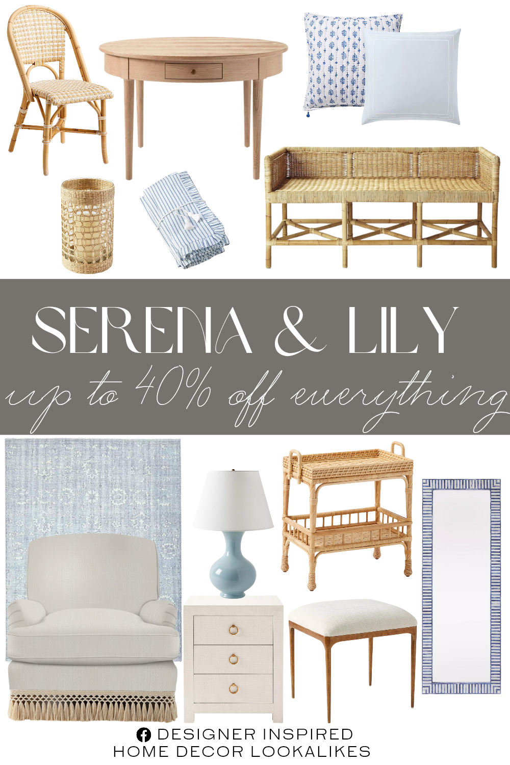 Serena & Lily Sale. Soho Sateen Sham. South Seas Rattan Side Table. Hillsborough Hand-Knotted Rug. Riviera Étoile Rattan Dining Chair. Driftway 3-Drawer Nightstand. Shore Bench. Beach House Expandable Breakfast Table. Miramar English Roll Arm Fringed Chair. Marais Napkin. Como Bulb Table Lamp. Bar Harbor Bone Inlay Floor Mirror. Cayman Seagrass Vessel.