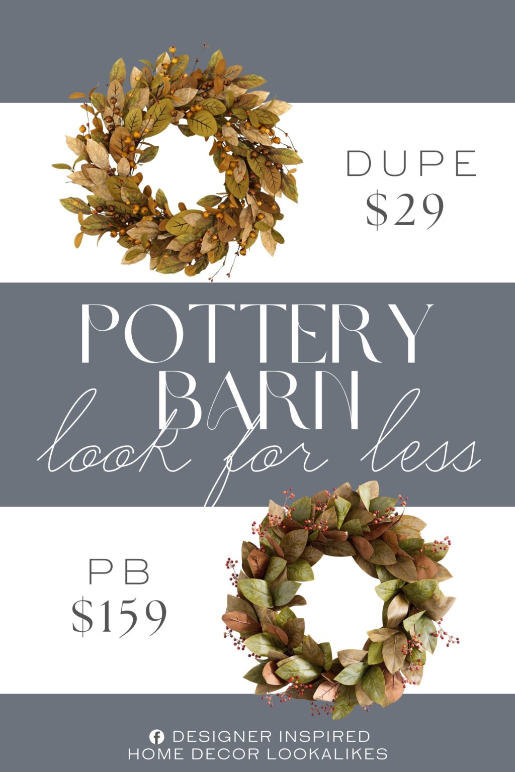 Pottery Barn Artificial Faded Magnolia and Berry Wreath Dupe. A handcrafted fall wreath crafted with brown magnolia leaves and small pomegranate fruits.This fall wreath is full of combination of fall elements