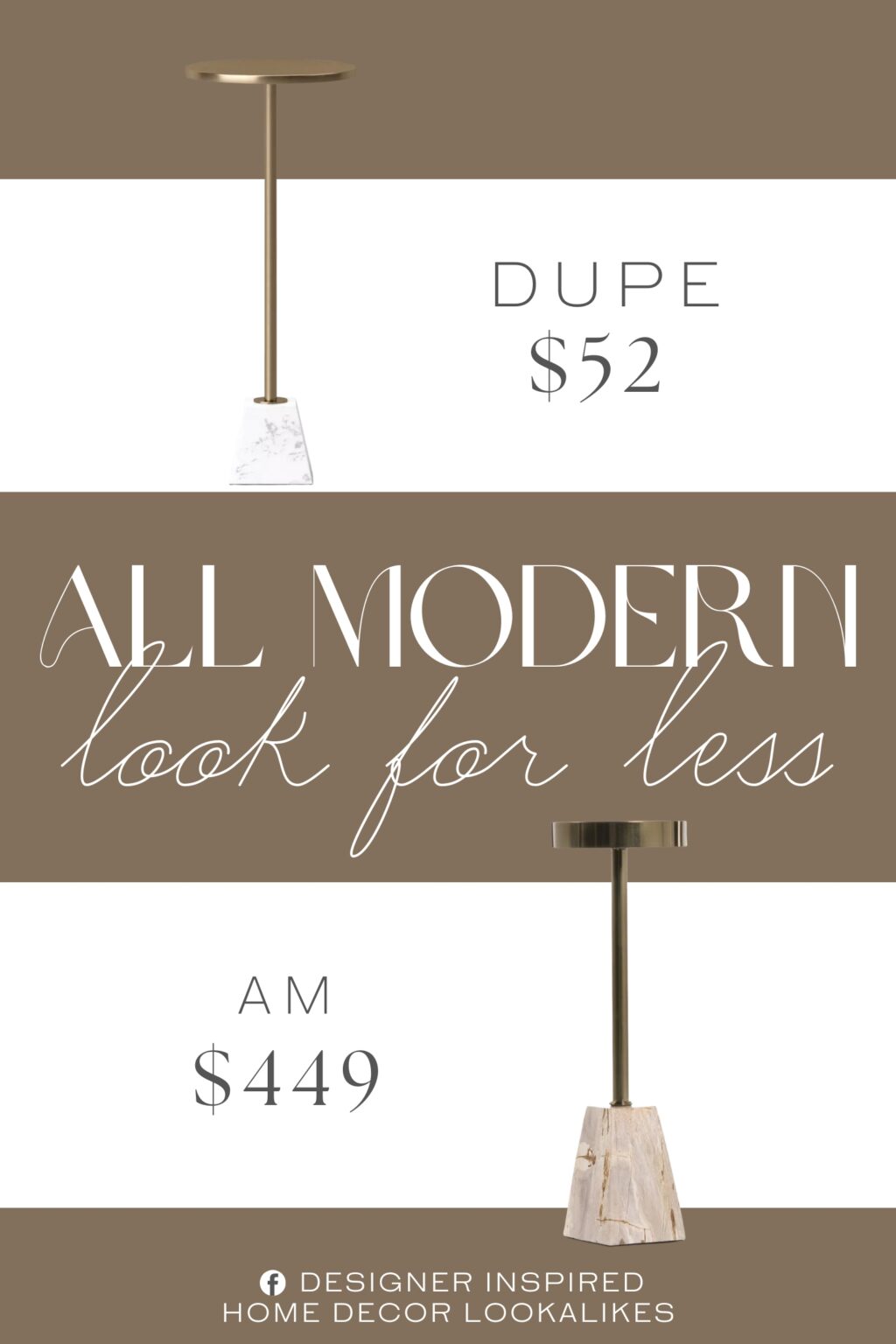 All Modern Stone Top End Table Dupe. Marble and metal drink table. Iron candlestick-style frame and tabletop with gold finish.