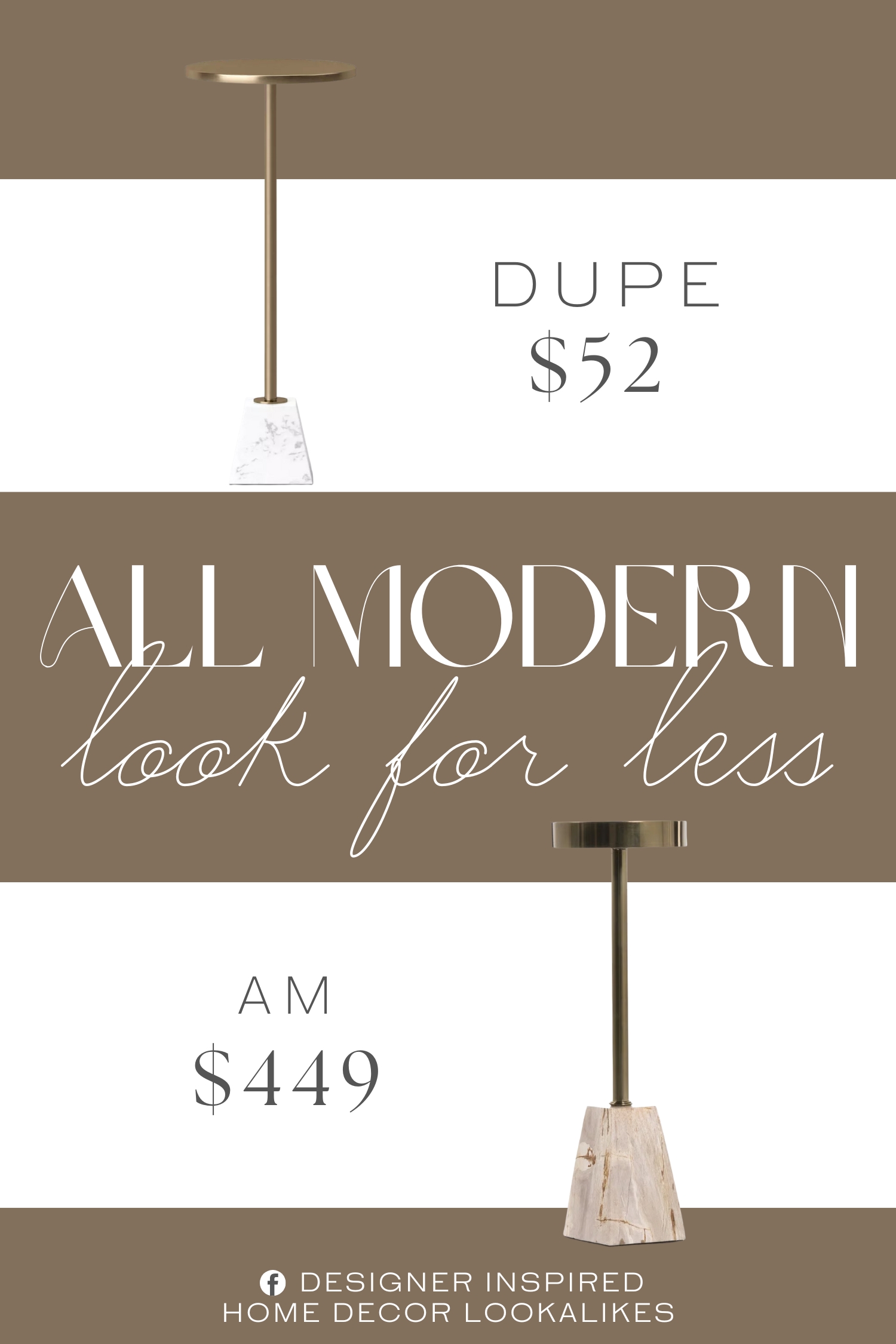 All Modern Stone Top End Table Dupe. Marble and metal drink table. Iron candlestick-style frame and tabletop with gold finish.