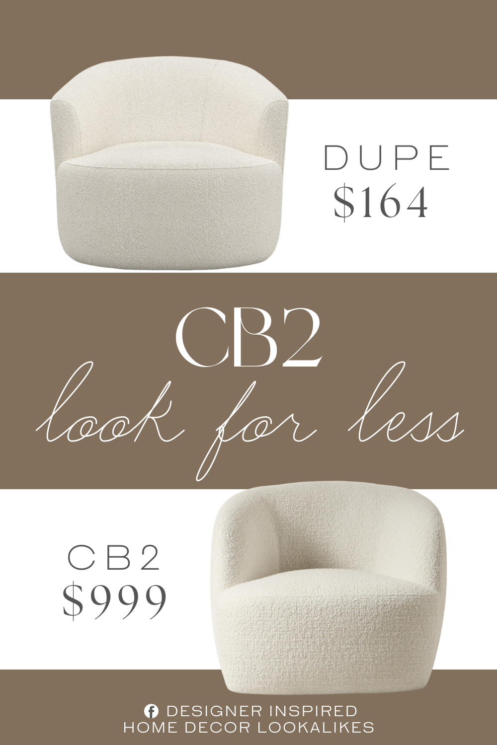 CB2 Gwyneth Ivory Boucle Swivel Chair Dupe. Boucle fabric upholstery. 360 degree metal swivel base.