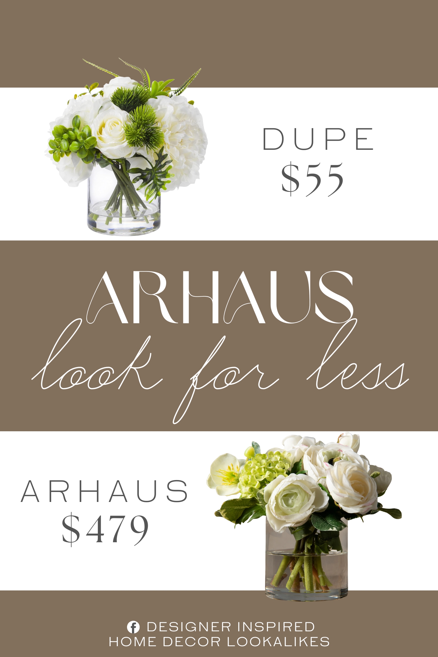 Arhaus Artificial Ranunculus Rose in Vase Dupe. The white faux peony flower is made of high-grade silk, the fake flower stem is wrapped in plastic wire, the clear glass vase is crafted with thick glass and a stable bottom to ensure durability, and the acrylic faux water can firmly combine the fake flowers and the clear glass vase.