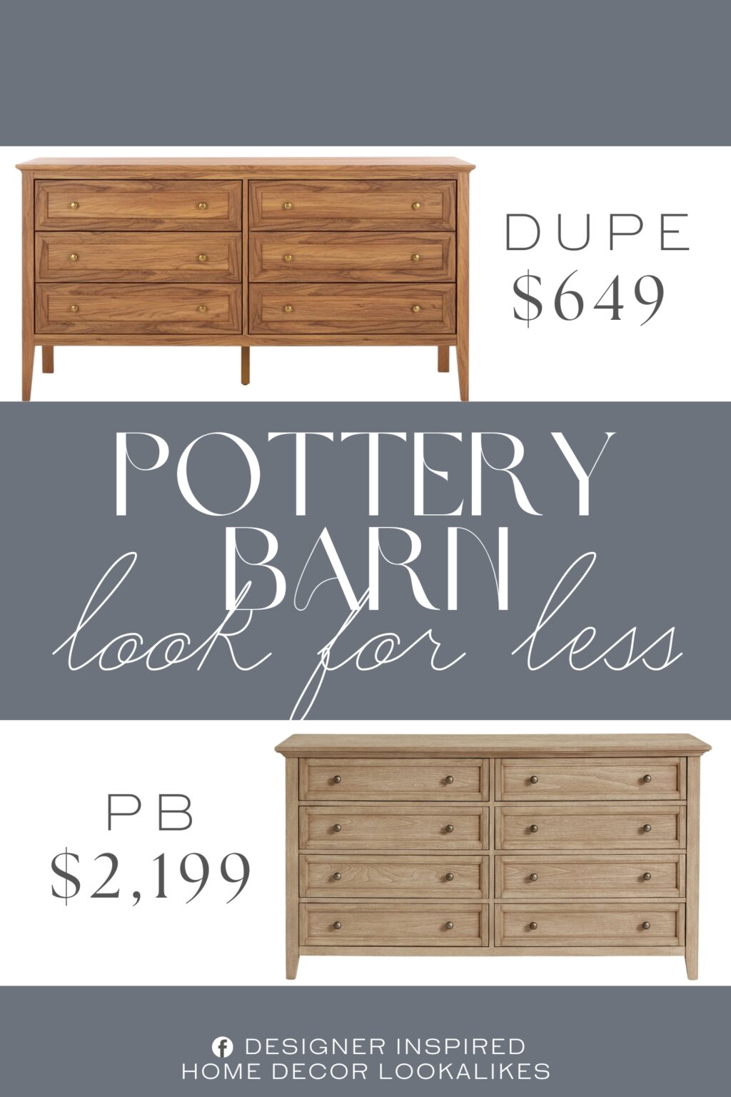 Pottery Barn Hudson Drawer Dresser Dupe. Crafted from engineered wood, it features a horizontal orientation with a rich finish that highlights the organic grains of the wood.