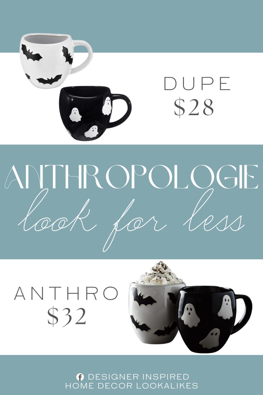 Anthropologie Vida Halloween Icon Mug Dupe. his set includes 2 pcs 14 oz ceramic mugs, each featuring charming ghost and bat designs in bold black and white. crafted from thick ceramic, these mugs are designed for everyday use without losing their vibrant prints