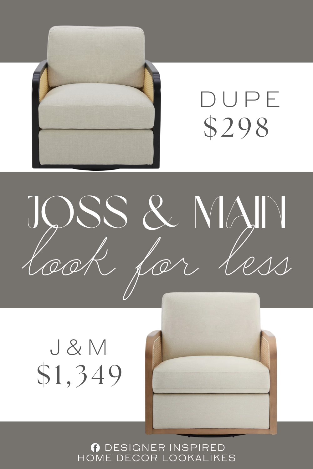 Joss & Main Juliette Natural Cane Swivel Barrel Chair Dupe. The chair features a 360-degree rotation swivel base for full freedom of movement. Wrapped by intricate rattan caning design for a unique and stylish look.