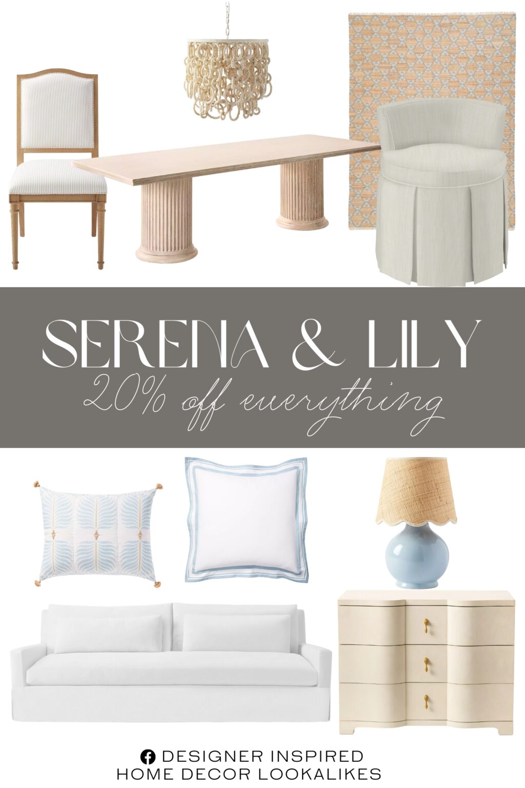 Serena & Lily Fall Design Event. Caledonia Dining Chair. Collins Rectangular Dining Table. Monroe 3 Drawer Nightstand. Tuileries Rug. Aster Sofa. Harrison Vanity Chair. Como Petite Table Lamp. Granada Sham. Del Sur Chandelier.