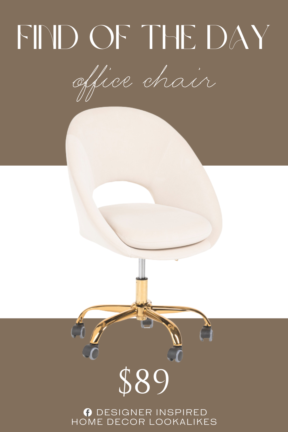 Find of the Day Savas Velvet Office Chair. open back design, gold tone base, caster wheels, adjustable height, swivel seat, ergonomic comfort, upholstered design, velvet finish. modern style.
