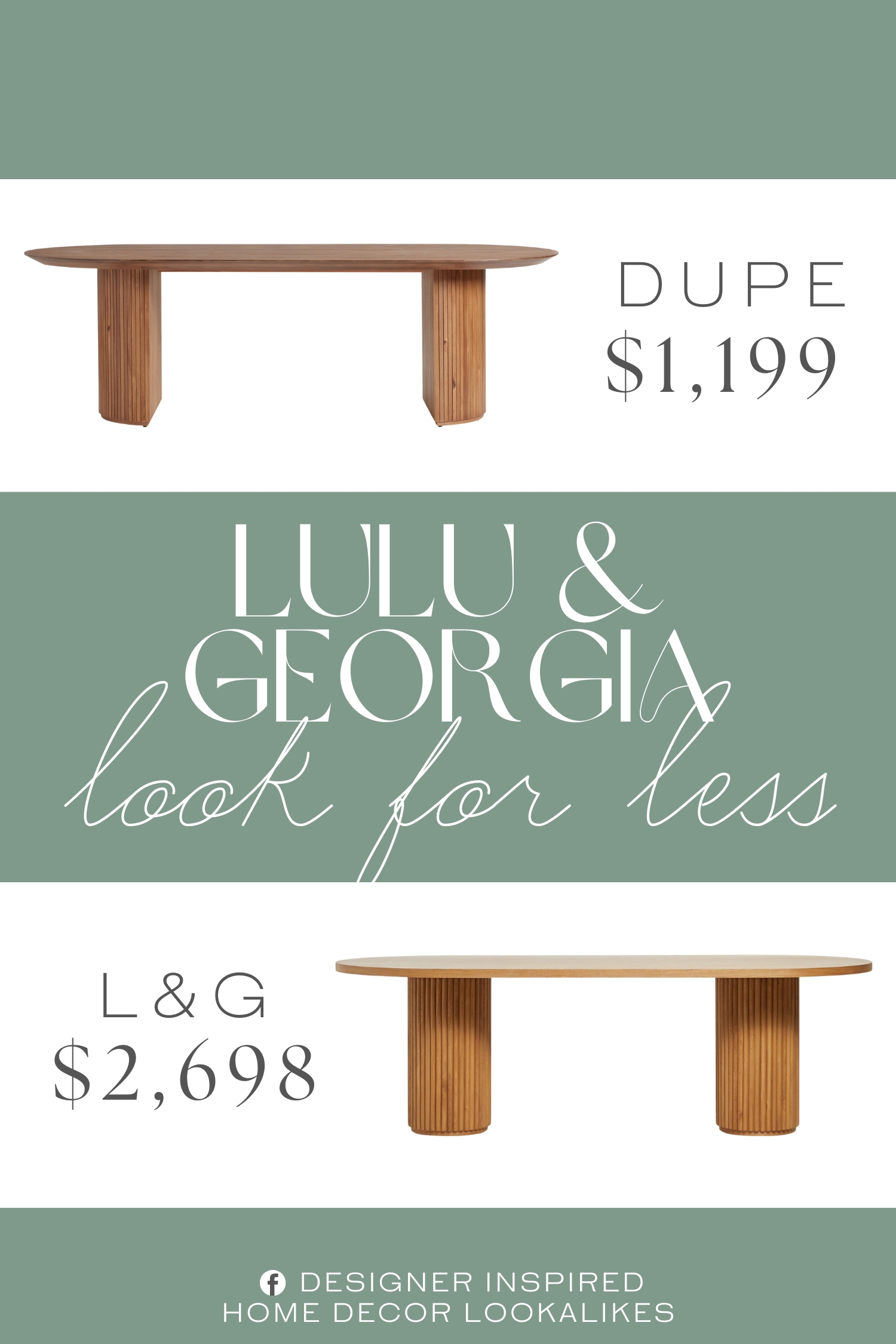 Lulu & Georgia Rutherford Oval Dining Table Dupe. It features a long oval surface with a tapered base, half-circle pedestal legs with textured fluting and your choice of finishes.