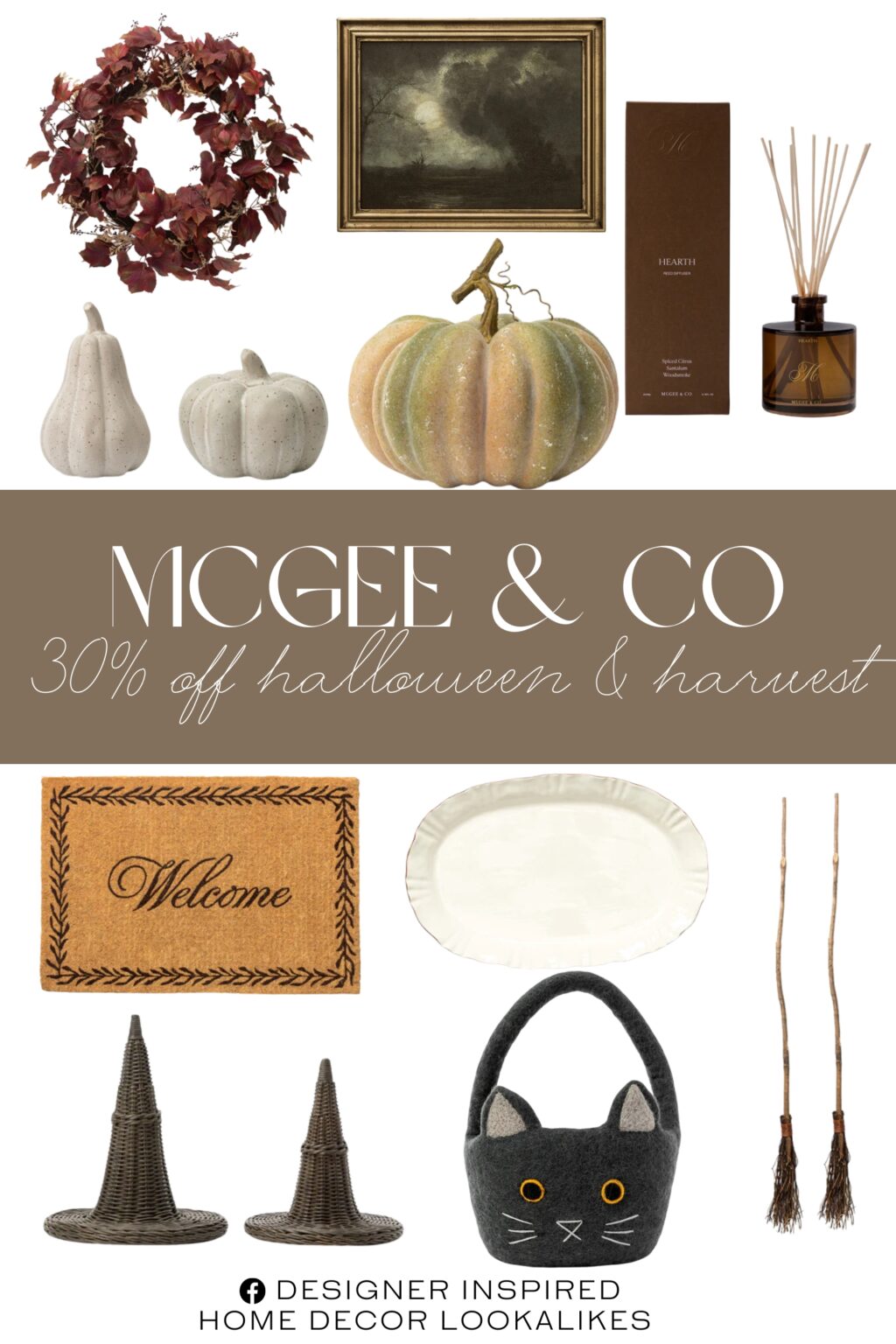 McGee & Co Halloween Harvest Sale. Storm on the Lake. Welcome Doormat with Leaf Border. Glazed Stoneware Pumpkins (Set of 2). Cat Trick or Treat Felt Basket. Witch's Broom (Set of 2). Hearth Diffuser. Willow Serving Platter. Faux Autumn Grapevine Wreath.