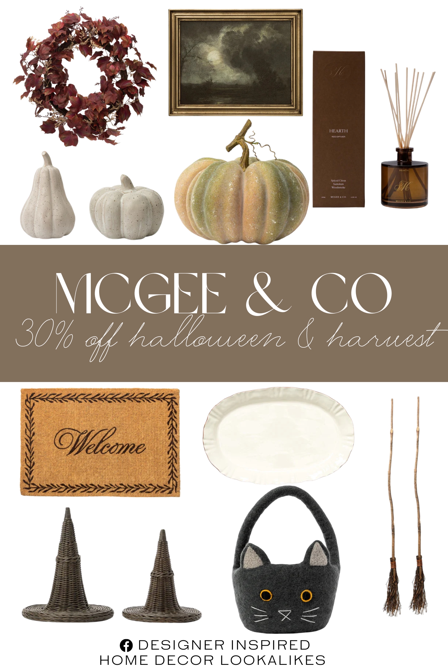 McGee & Co Halloween Harvest Sale. Storm on the Lake. Welcome Doormat with Leaf Border. Glazed Stoneware Pumpkins (Set of 2). Cat Trick or Treat Felt Basket. Witch's Broom (Set of 2). Hearth Diffuser. Willow Serving Platter. Faux Autumn Grapevine Wreath.
