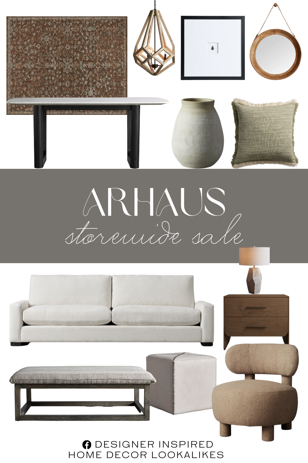 Arhaus Storewide Sale. Nimos Vessel. Arrowheads Shadow Box V. Saint Germain Stone Dining Table with Rennes Base. Wooden Prism Chandelier in Natural. Felton Closed Nightstand. Haile Hand-Knotted Rug. Remington Deep 84" Sofa in Nomad Snow. Petra Tall Table Lamp. Ryland Chair in Tawny Camel. Salerno Outdoor Pillow Cover. Hide Whipstitch Pouf in Ivory. Anouk Round Wall Mirror.