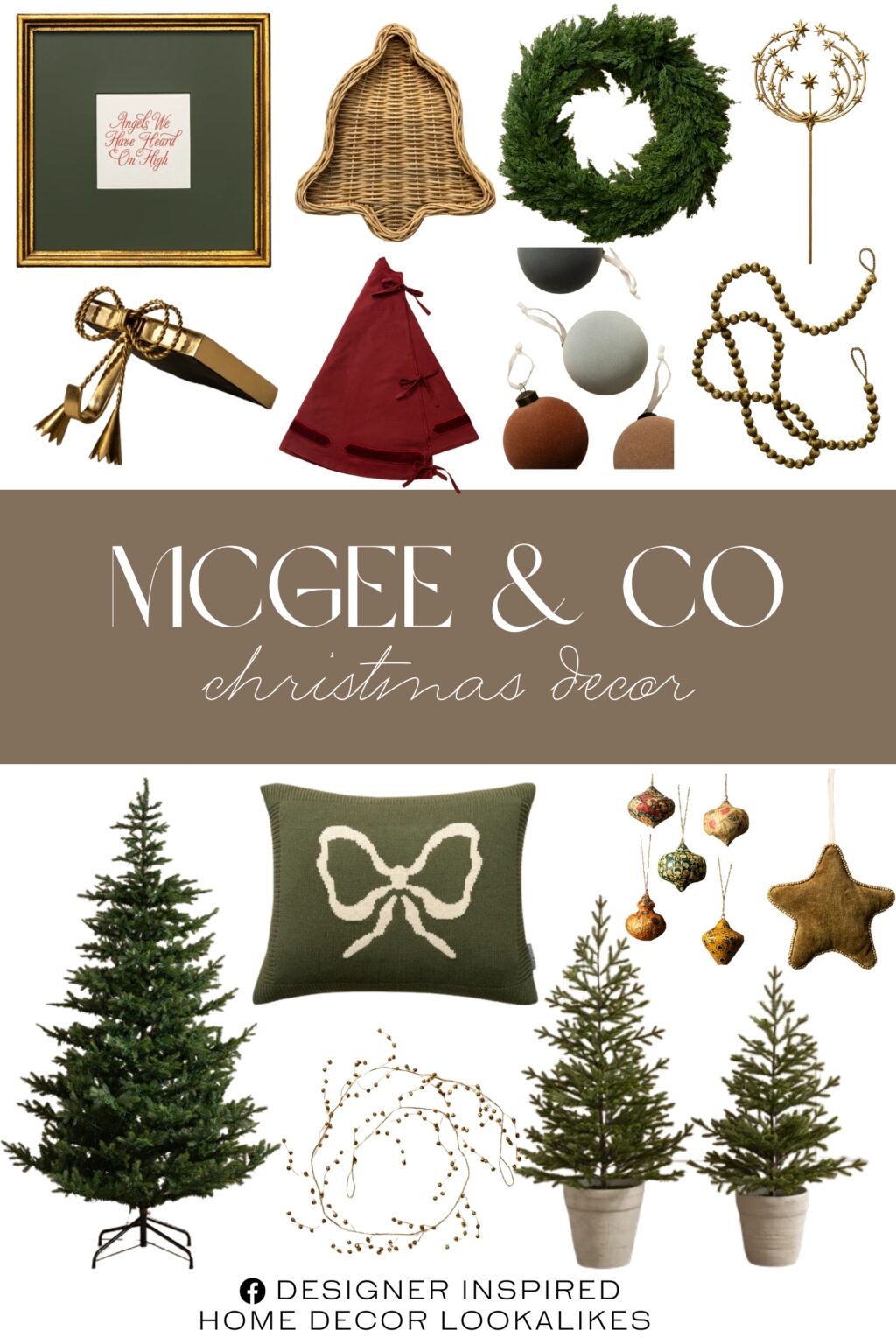 McGee & Co Christmas Decor. Wicker Bell Tray. Bella Pillow Cover. 4" Assorted Flocked Baubles (Set of 4). Mabry Velvet Trimmed Tree Skirt. Angels Hymn. 6' Batavia Brass Garland. Erika Stocking Holder. 6' Angelica Gold Garland. Faux Spruce Pre-Lit Potted Tree. Astra Brass Tree Topper. 9' Grandis Fir Pre-Lit Faux Tree. 30" Classic Cedar Pre-Lit Faux Wreath. Paper Mache Block Printed Ornament (Set of 8). Plush Beaded Star Ornament.