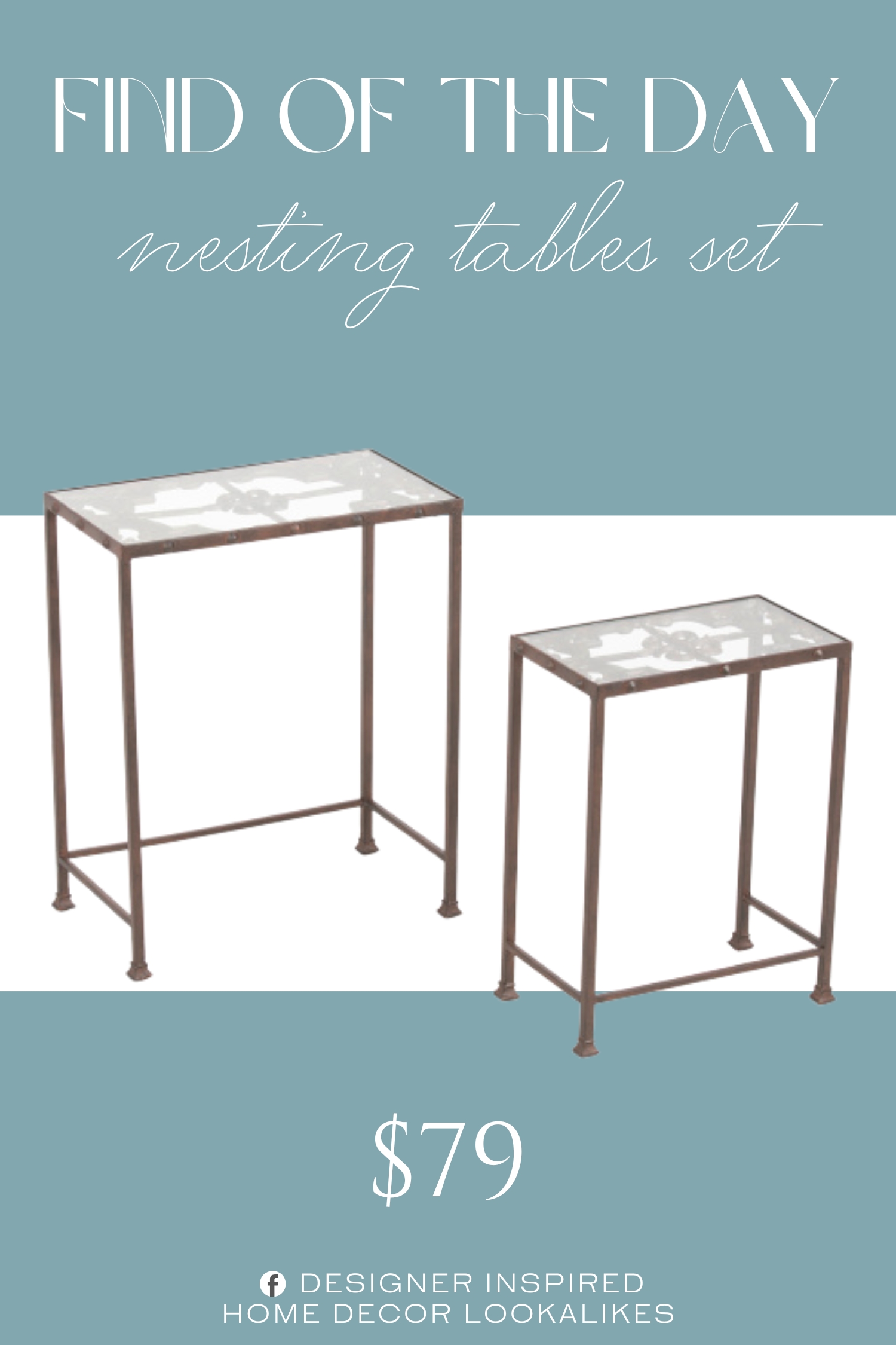 Find of the Day 2pc Gunnison Iron And Glass Nesting Tables Set. set of 2, nesting design, antique finish. iron/glass.