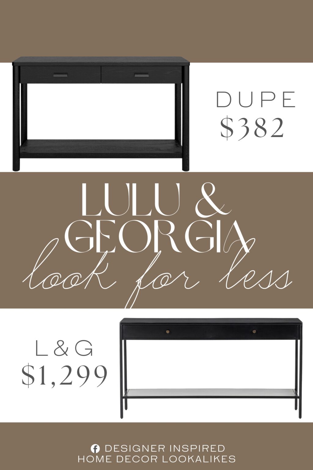 Lulu & Georgia Mathus Console Table Dupe. Crafted from wood, the rectangular top showcases natural wood grain color variations, adding warmth to any space. With two drawers and a spacious open shelf, it provides ample storage and display for essentials and decorative items.