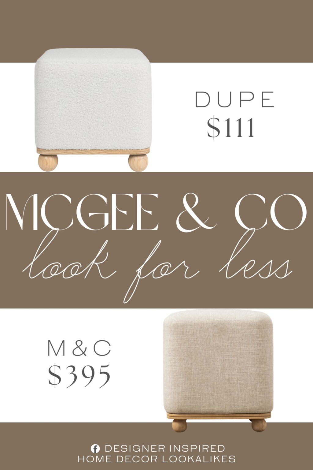 McGee & Co Arie Ottoman Dupe. Upholstered in luxurious cream-colored boucle fabric for a cozy and modern look. Round wooden ball legs complement the ottoman’s minimalist design. Built to last with sturdy materials for long-lasting comfort and support.