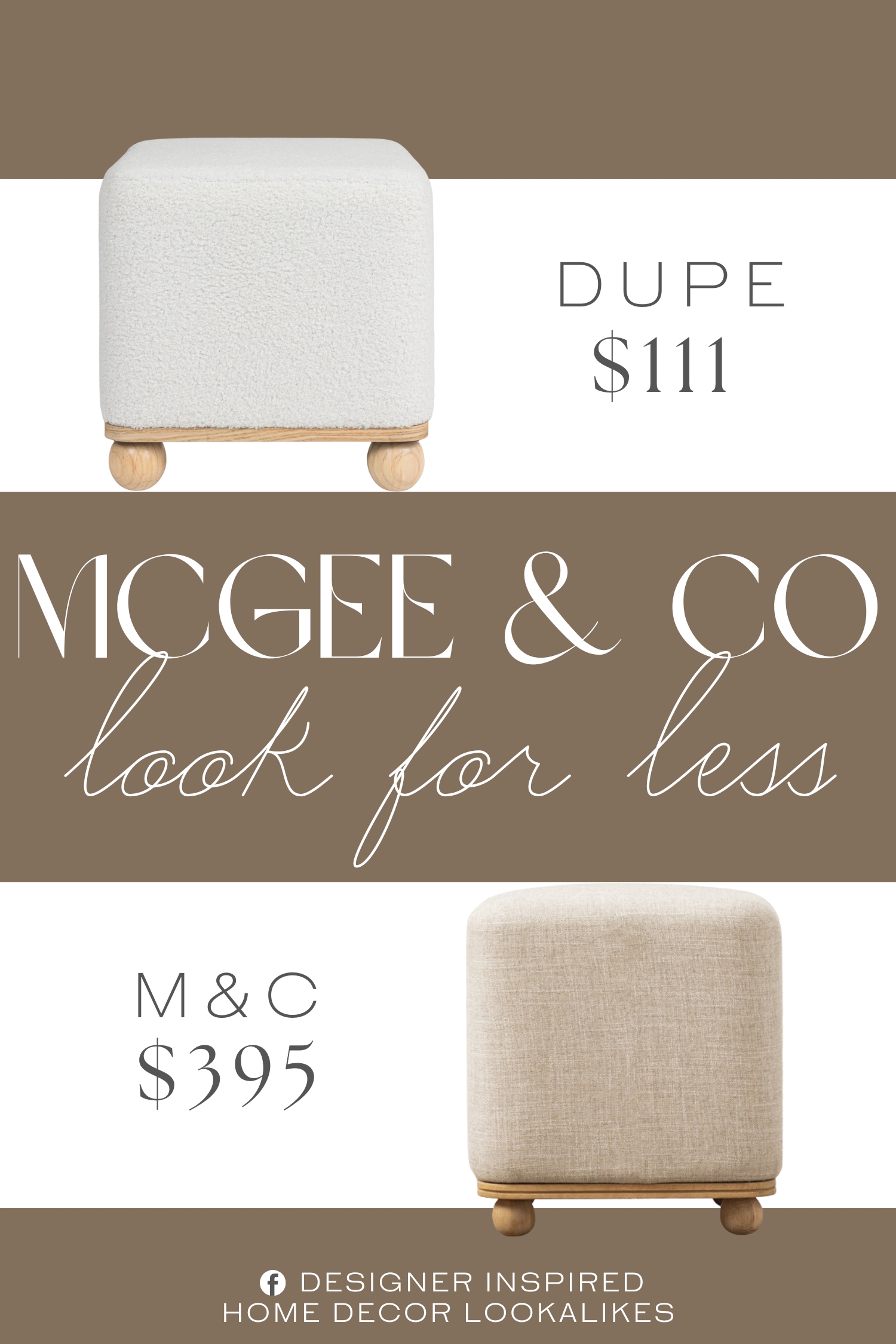McGee & Co Arie Ottoman Dupe. Upholstered in luxurious cream-colored boucle fabric for a cozy and modern look. Round wooden ball legs complement the ottoman’s minimalist design. Built to last with sturdy materials for long-lasting comfort and support.