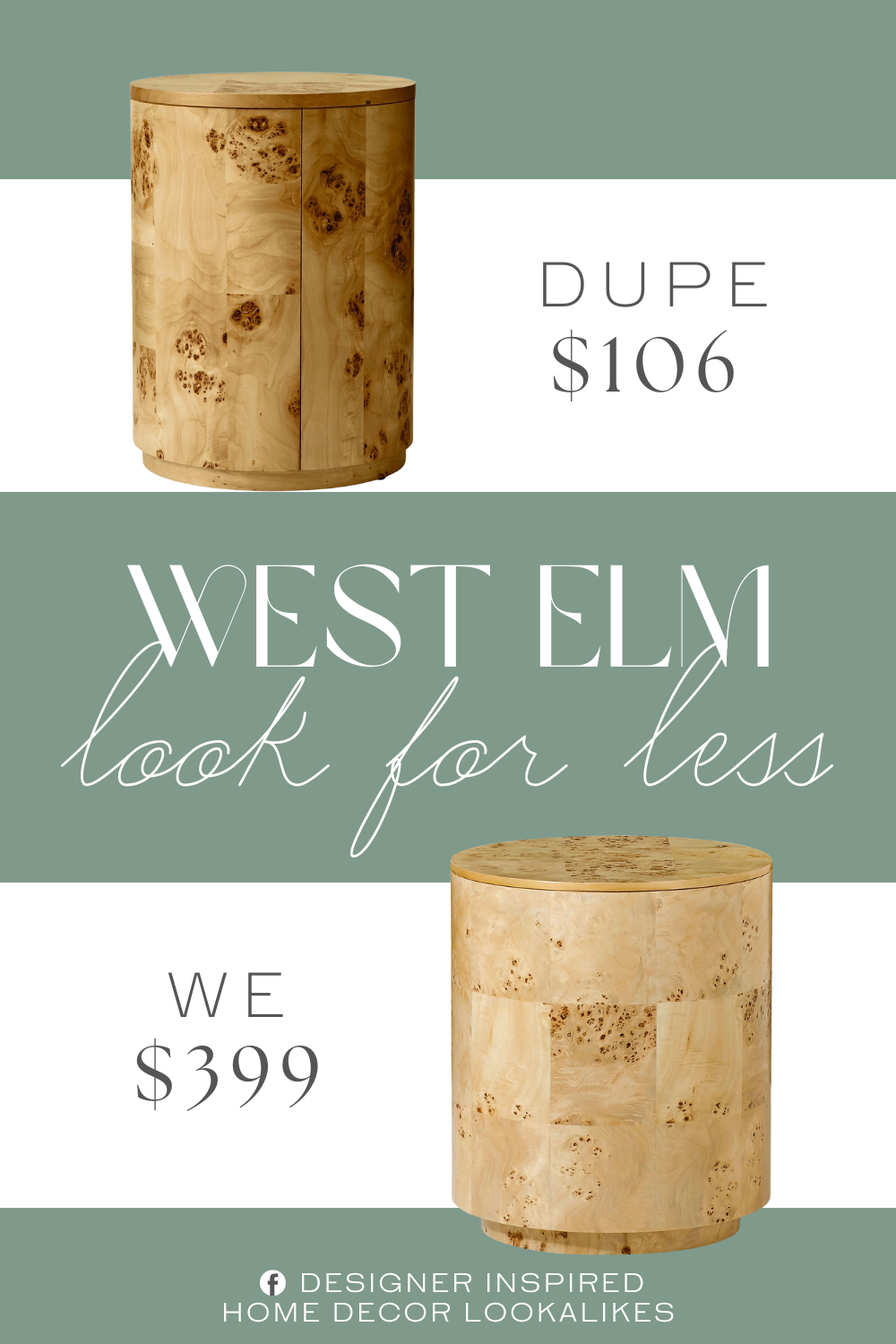 West Elm Volume Round Burl Side Table Dupe. Engineered wood, MDF frame. Light burlwood color.