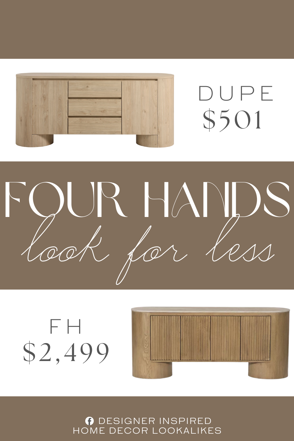 Four Hands Giovani Media Console Dupe. Made from a blend of MDF with a wood grain paper laminate finish, this sideboard with rounded edges combines sturdy construction with elegance, perfect as a modern buffet cabinet or a mid-century modern TV console.