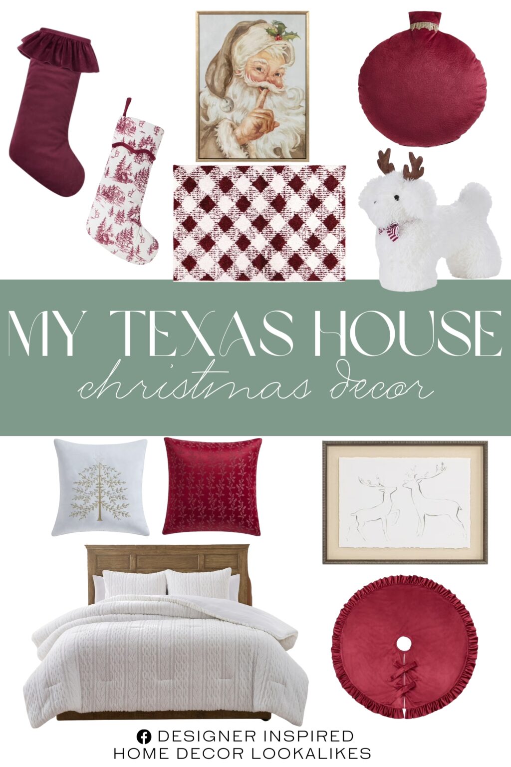 My Texas House Christmas Decor. My Texas House Molly 20" x 20" Red Jacquard Holly Decorative Pillow Cover. Red Ruffle Velvet Christmas Tree Skirt, 52"/. Red and Ivory Forest Christmas Stocking. Ava 16" Red Embossed Velvet Ornament Round Decorative Pillow. Ivory Velvet Embellished Tree Decorative Pillow. Two Reindeer Framed Holiday Wall Art. Anabel Carved Fur 3-Piece White Faux Rabbit Fur Comforter Set. Christmas Toy Dog Holiday Decorative Pillow. Red Ruffle Christmas Stocking. Secret Santa Framed Holiday Wall Art. Burgundy White Plaid Indoor Area Rug.