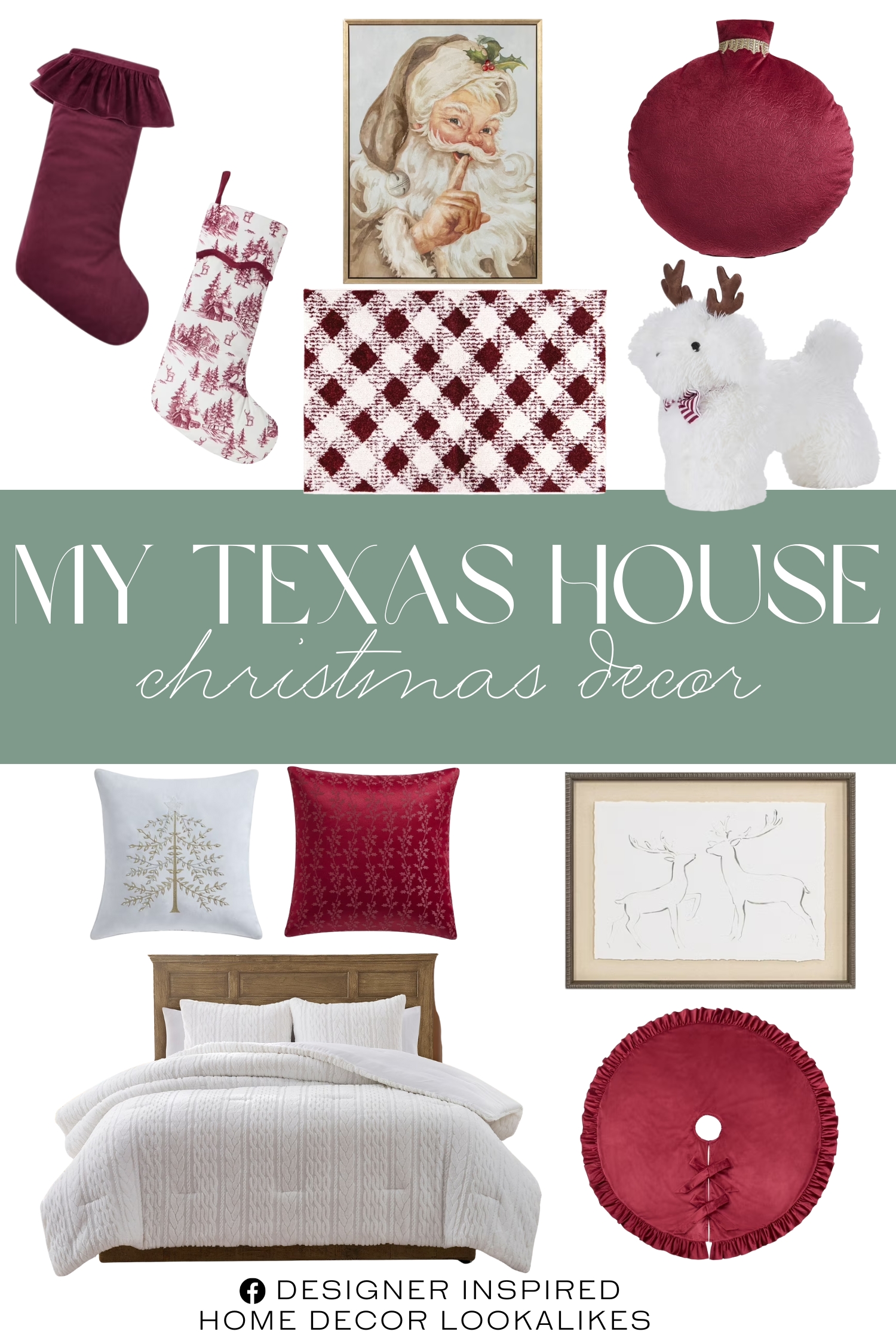 My Texas House Christmas Decor. My Texas House Molly 20" x 20" Red Jacquard Holly Decorative Pillow Cover. Red Ruffle Velvet Christmas Tree Skirt, 52"/. Red and Ivory Forest Christmas Stocking. Ava 16" Red Embossed Velvet Ornament Round Decorative Pillow. Ivory Velvet Embellished Tree Decorative Pillow. Two Reindeer Framed Holiday Wall Art. Anabel Carved Fur 3-Piece White Faux Rabbit Fur Comforter Set. Christmas Toy Dog Holiday Decorative Pillow. Red Ruffle Christmas Stocking. Secret Santa Framed Holiday Wall Art. Burgundy White Plaid Indoor Area Rug.