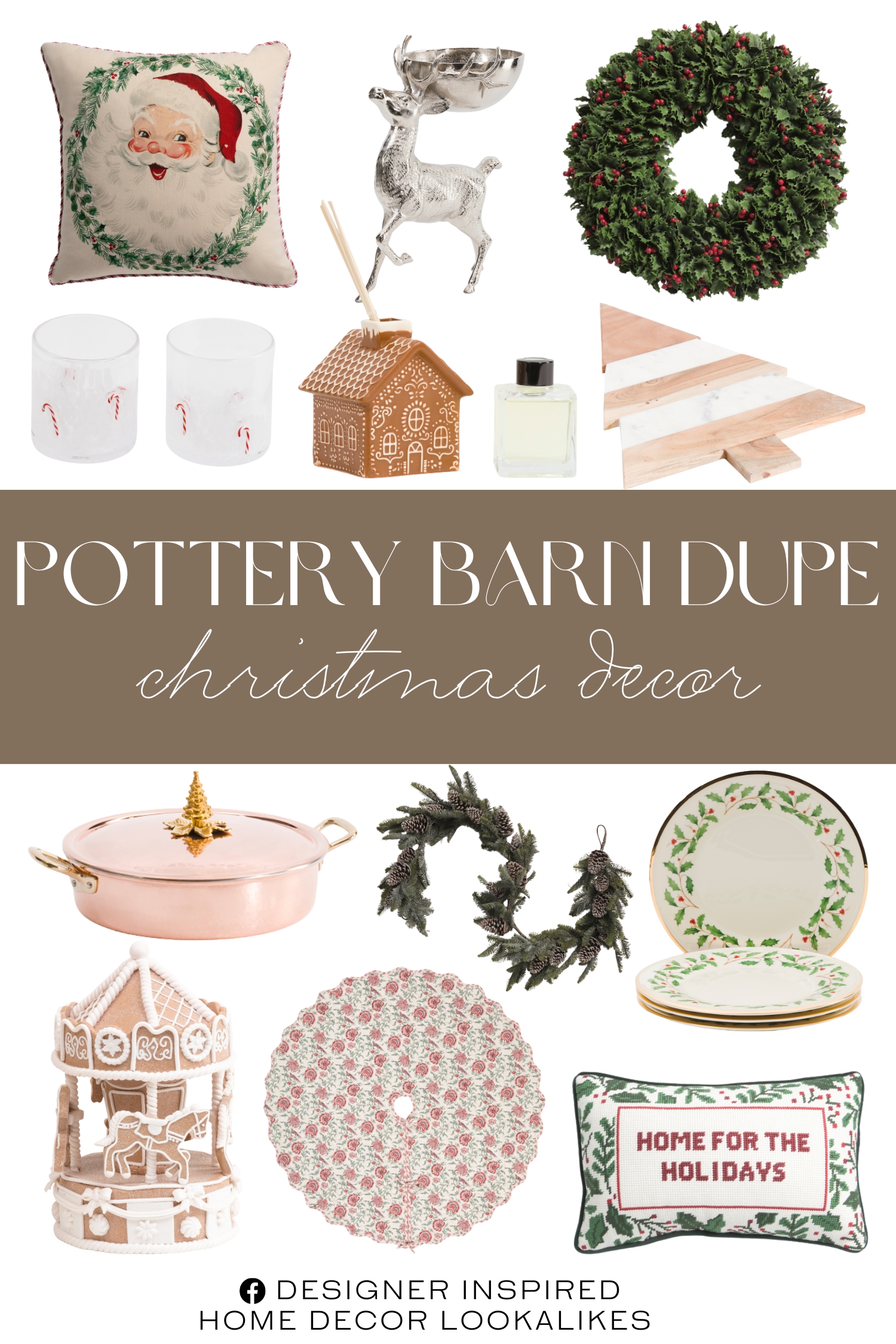 Pottery Barn Dupe Christmas Decor. 9x15 Home For The Holidays Pillow. 19in Reindeer With Bowl. Gingerbread Carousel. Set Of 4 Holiday Salad Plates. 24in Outdoor Safe Holly Leaf Berry Wreath. Vance Floral Block Print Tree Skirt. 15in Christmas Tree Footed Tray. 150ml Spiced Gingerbread House Reed Diffuser. Made In Italy 5qt Christmas Tree Copper Casserole Pan. Set Of 2 Candy Cane Confetti Double Old Fashioned Glasses. 18in Outdoor Safe Led Boxwood Present With Ribbon. 20x20 Jolly Wreath Santa Pillow. 19x14 Marble And Wood Christmas Tree Serving Board. 60in Outdoor Safe Frosty Pine Garland.