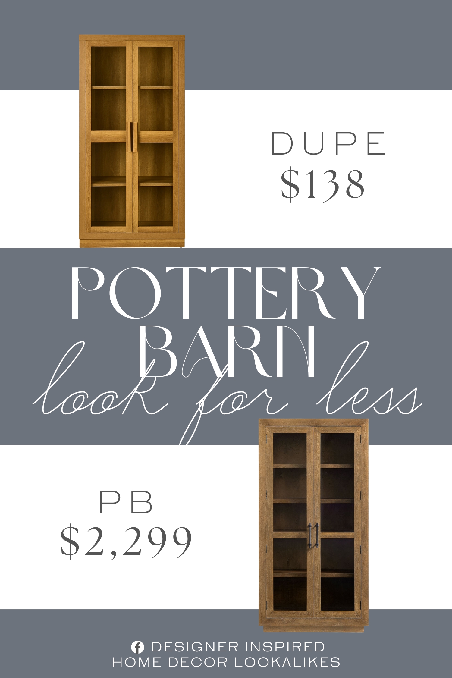 Pottery Barn Oakleigh Glass Storage Cabinet Dupe. Features two adjustable shelves, one fixed shelf, and a closed back Sturdy 2-inch manufactured wood construction with built-in leveler base