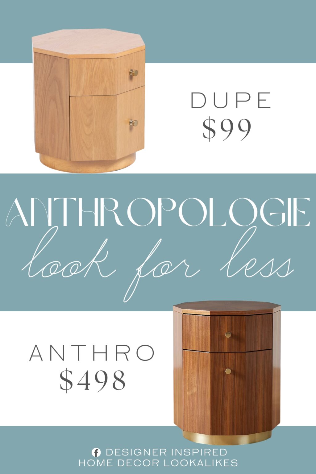 Anthropologie Quillen Marquetry Side Table. 2 drawers, metallic details, hexagon shape