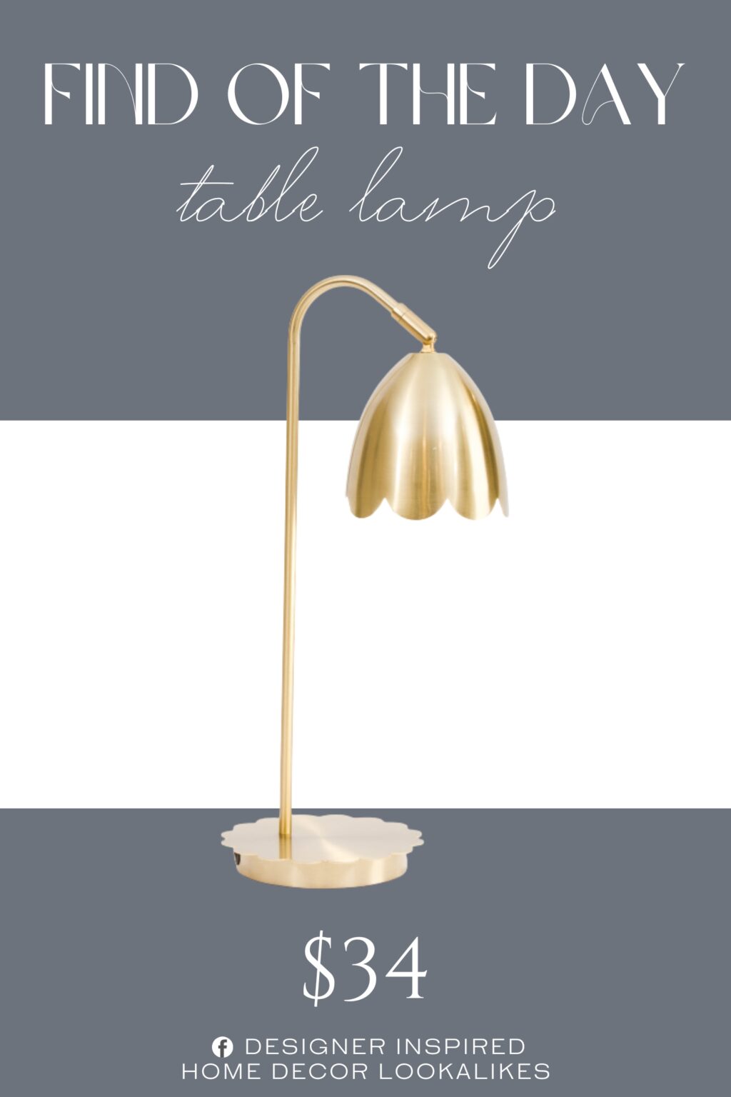 Find of the Day Scalloped Shade Metal Base Table Lamp. scalloped edging, tilting head, metal dome shade, gold tone design. on/off switch. metal.