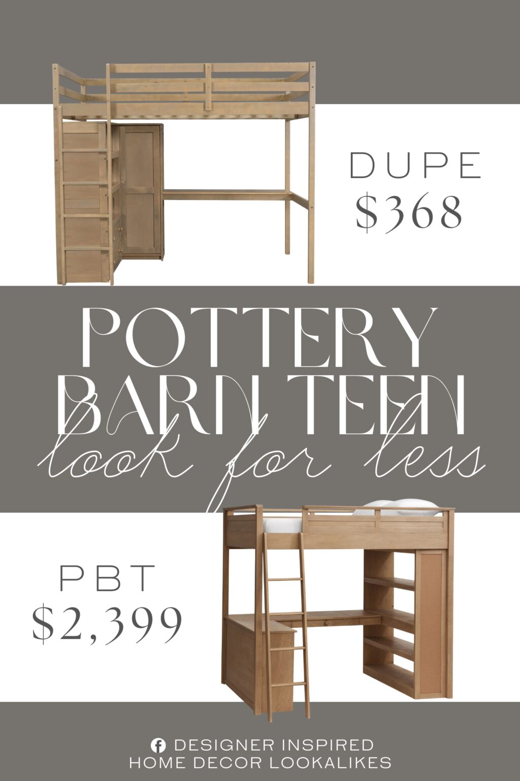 Pottery Barn Teen Loft Bed Dupe. Constructed from solid wood, this loft bed will stand the test of time and last for years. High-quality wood and the design of the bed will be stable, without any wobbling when sleeping on it.