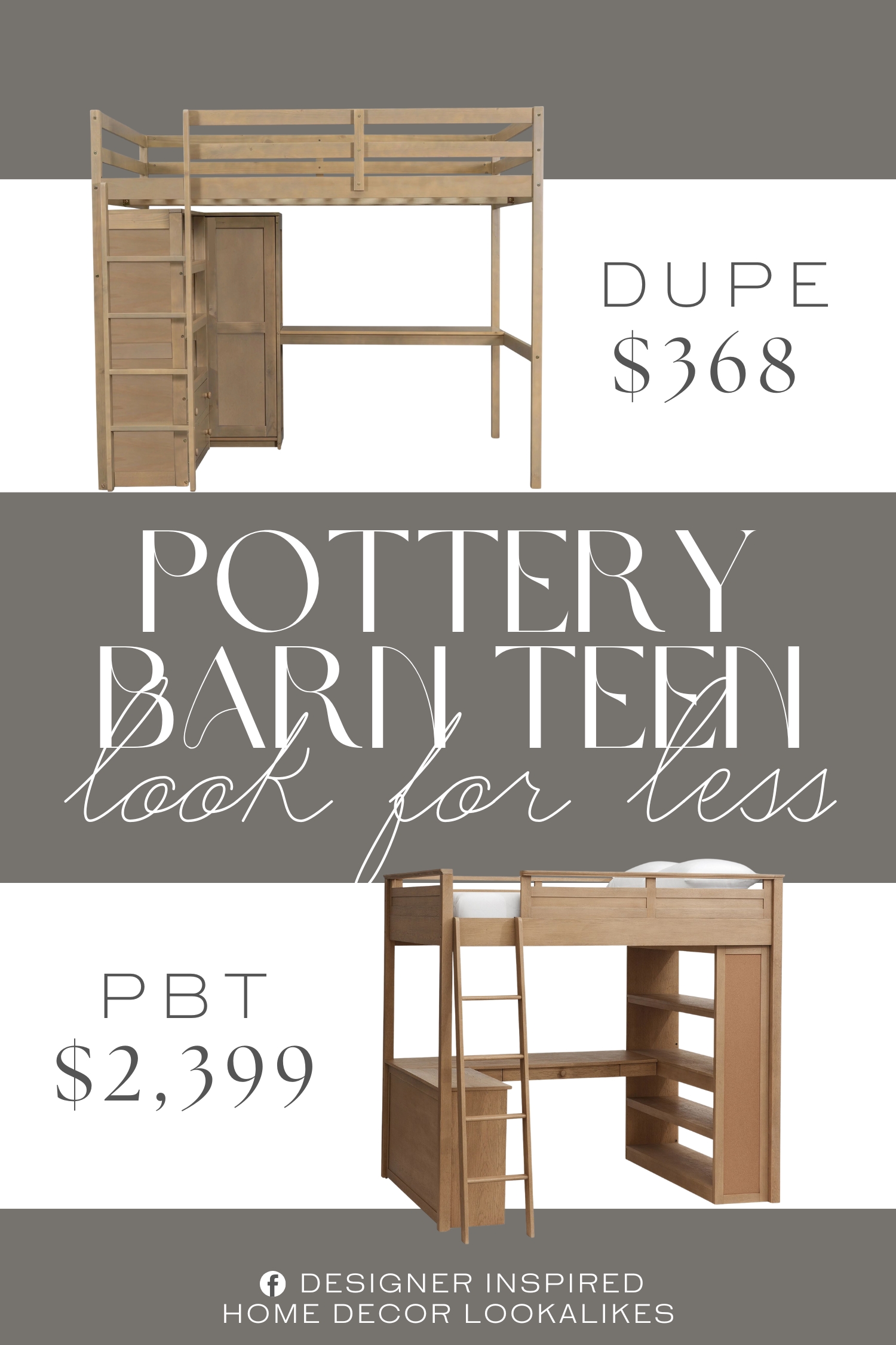 Pottery Barn Teen Loft Bed Dupe. Constructed from solid wood, this loft bed will stand the test of time and last for years. High-quality wood and the design of the bed will be stable, without any wobbling when sleeping on it.