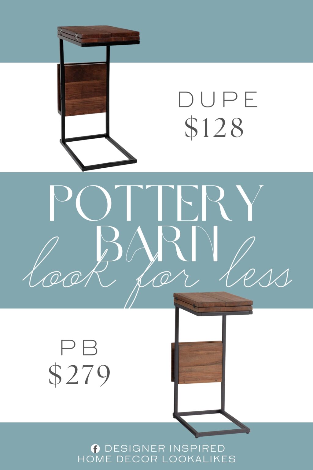 Pottery Barn Allen Rectangular Extending C-Table Dupe. Crafted with a C-shaped frame made of durable square metal tubing supporting an Acacia hardwood top that is hand-picked and unique for each side table.