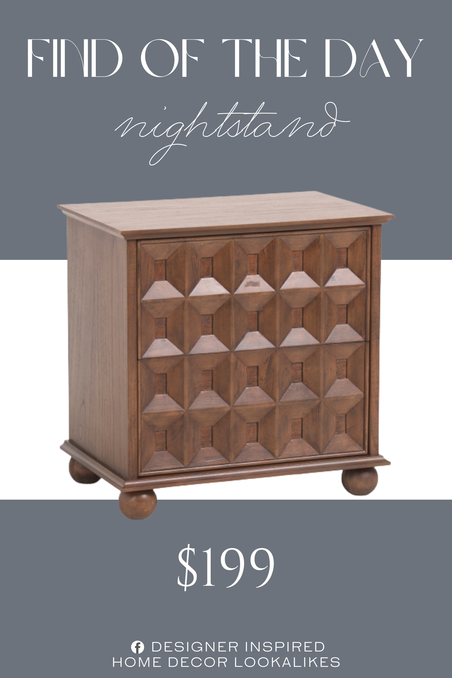 Find of the Day Geometric Detail 2 Drawer Nightstand. includes 1 power outlet and 2 usb ports, geometric accent, 2 drawers.